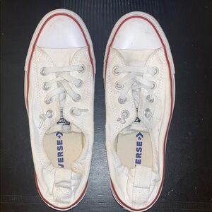 Converse Women’s White Low Top Canvas Sneakers with Red Accent